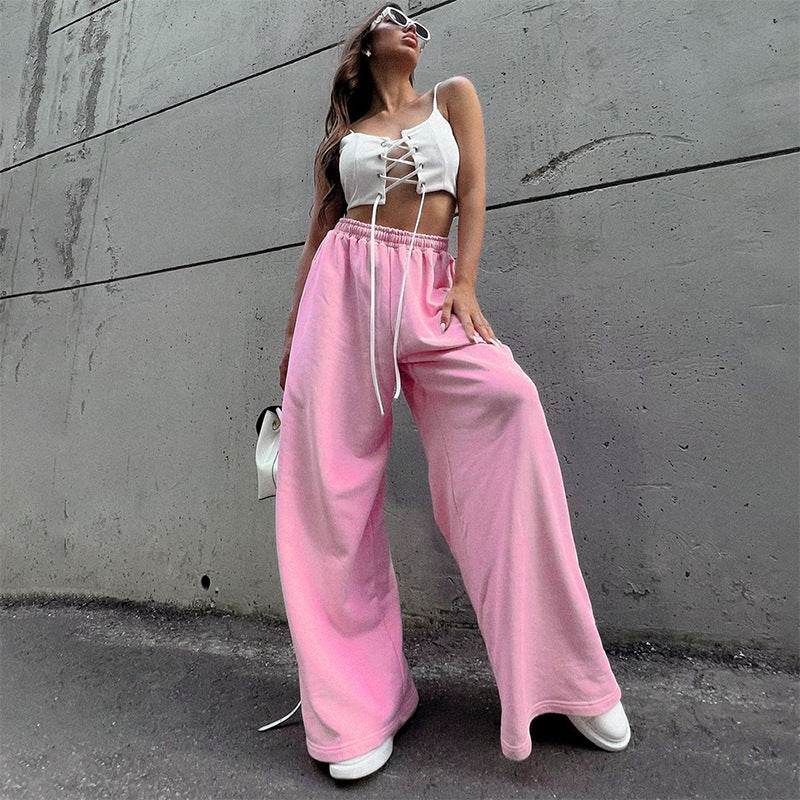 M23PT426 fashionable sports loose straight-through pink lace-up trousers women's waist slimming 2023 autumn new style