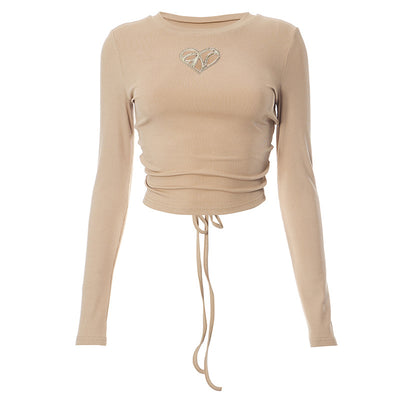 Q23TP400 Sexy Hot Girl Solid Color Hollow Lace Long Sleeve Navel Top Women's 2023 Autumn New Single Product