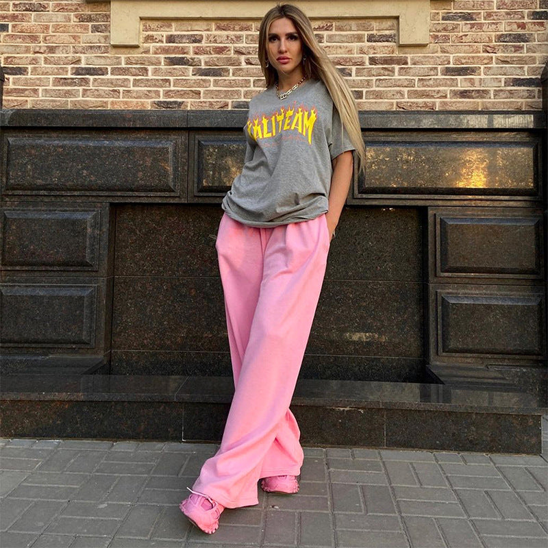 M23PT426 fashionable sports loose straight-through pink lace-up trousers women's waist slimming 2023 autumn new style
