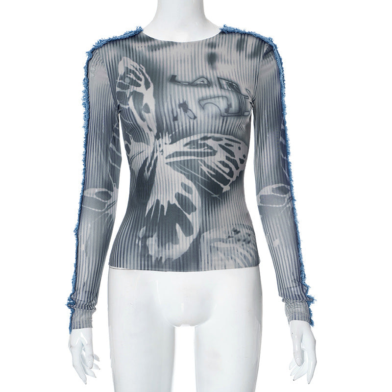 Y23TP416 niche design trendy butterfly print design denim stitching long-sleeved slim top for women autumn style