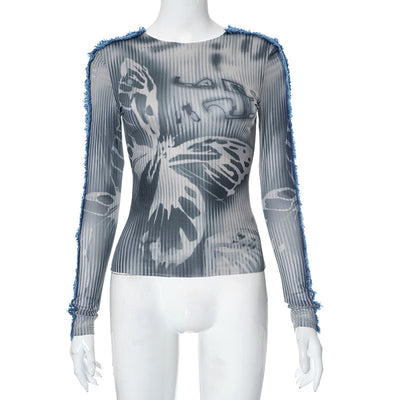 Y23TP416 niche design trendy butterfly print design denim stitching long-sleeved slim top for women autumn style