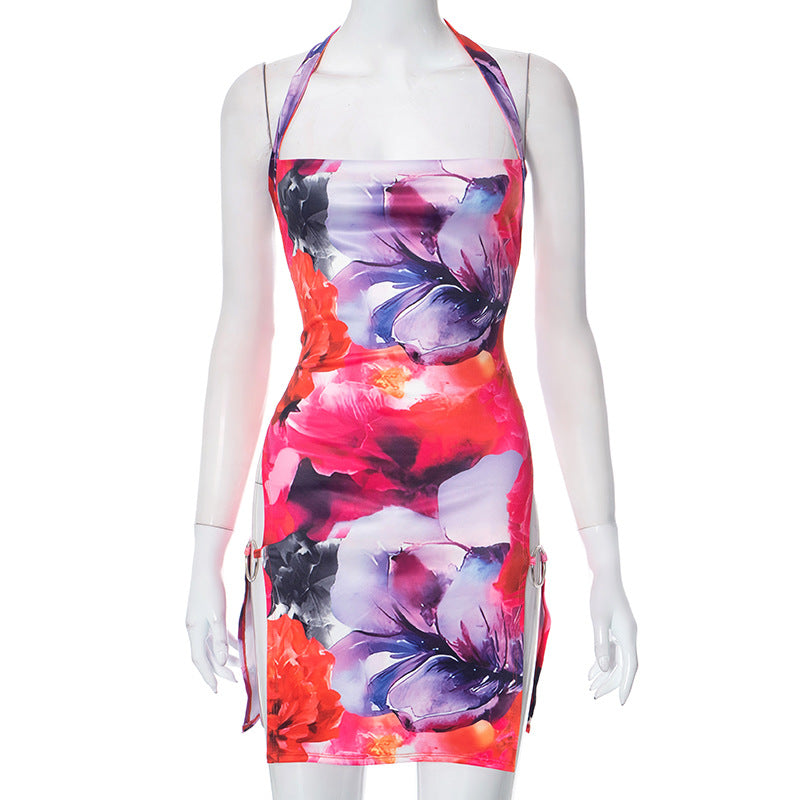 Q23DS432 Fashion Hot Girl Flower Print Slit Round Button Sleeveless Halter Short Dress Women 2023 New Style